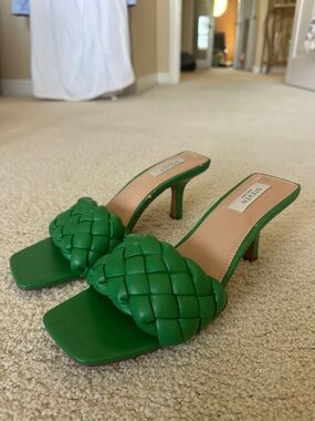 Seven7 Green Woven Square-Toe Slide Heels
